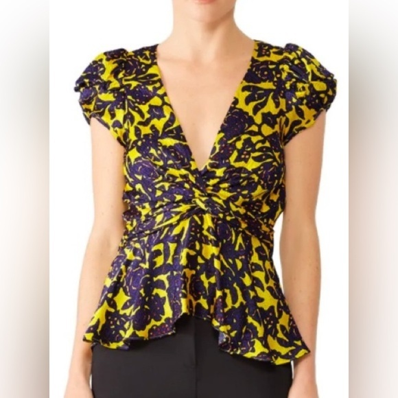 ALC Aya Silk Floral Jacquard‎ Top in Yellow, Purple, and Orange - 0 - Picture 1 of 13